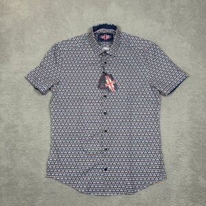 Soul of London Mens Perform Shirt Short Sleeve Geometric Blue Stretch Medium NWT